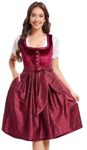 YesFashion Dirndl Damen Trachtenkleid Midi Samt Dirndlkleid Oktoberfest Outfit mit Dirndlschürzen Weinrot 38