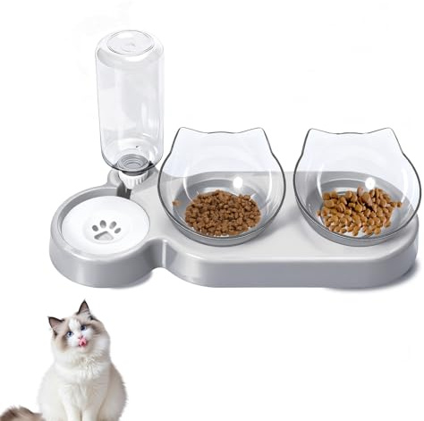 Home-X Raised Cat Bowls with Stand, 15° Tilted Cat Feeding Bowls for Kittens, Anti Vomiting 3-In-1 Cat Food And Water Bowl Set, Transparent Double Plastic Cat Food Bowls Kitten Food Bowls