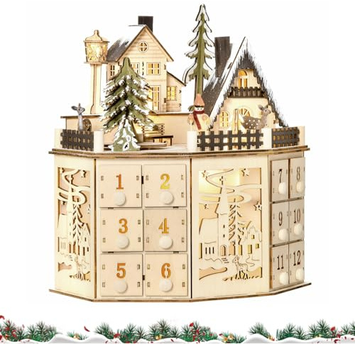 2025 Holz Weihnachten Adventskalender mit 24 Schubladen & LED-Lichtern, 24 Tage Weihnachts-Countdown-Kalender, leerer Adventskalender zum Selbstbefüllen, Xmas Holiday Decor Geschenke für Erwachsene