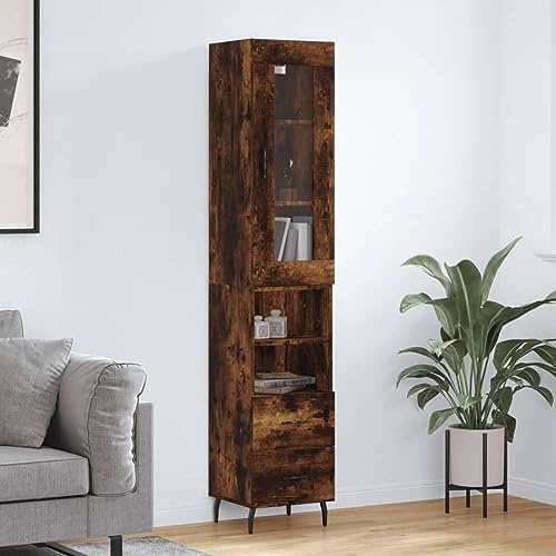 QZZCED Sideboard aus Sperrholz, geräucherte Eiche, hohe Anrichte mit Türen und Metallbeinen, Aufbewahrungsschrank für Zuhause, 34,5 x 34 x 180 cm