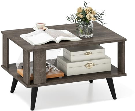 CASART Industrial Coffee Table, 2-Tier Wooden Center Tables with Storage Shelf & Side Protective Baffles, Mid-Century Cocktail Tables Retro Snack Tea Table for Living Room Bedroom Office (Grey Oak)