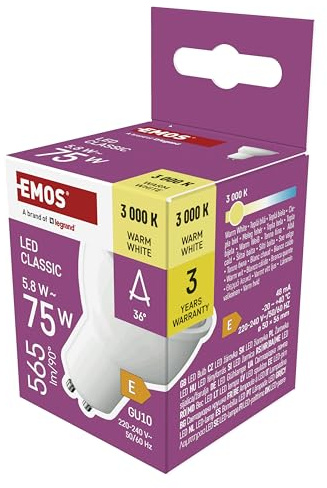 EMOS - LED Lampe Spot, 5,8 W Ersatz für 75 W Halogenlampe - MR16 Reflektorlampe mit GU10 Sockel - Helligkeit 565 lm Warmweiß 3000 K - 30000 h Lebensdauer, CRI min. 80, 36° Abstrahlwinkel - Weiß