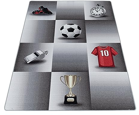 KADIMA DESIGN Kinderteppich Fußball-Motiv Pflegeleicht Bunt Waschbar Strapazierfähig Grau 80x120 cm Kinderzimmer Fußbodenheizung geeignet Schadstoffgeprüft rutschfest Oeko-TEX | TRAUN