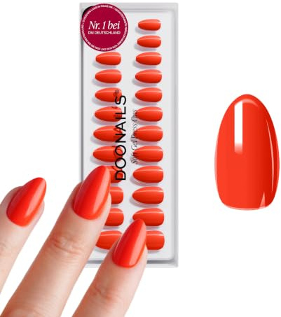 DOONAILS® Soft Gel Press On Nails 30er Set On Fire – Short Almond Strahlendes Feuerrot – Nägel zum Aufkleben, Full Cover Fake Nails, 15 Größen 7–14 mm, 16 mm lang