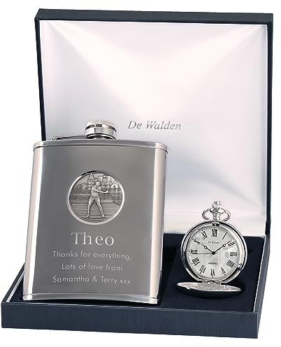Engraved Brother Pewter Golf Feature Mother of Pearl Pocket Watch and Hip Flask Gift Set Christmas
