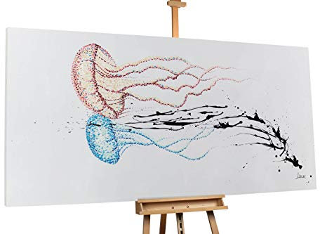 KunstLoft® XXL Gemälde 'Quallentango' 200x100cm | original handgemalte Bilder | Fisch Blau XXL Blau Rot | Leinwand-Bild Ölgemälde einteilig groß | Modernes Kunst Ölbild