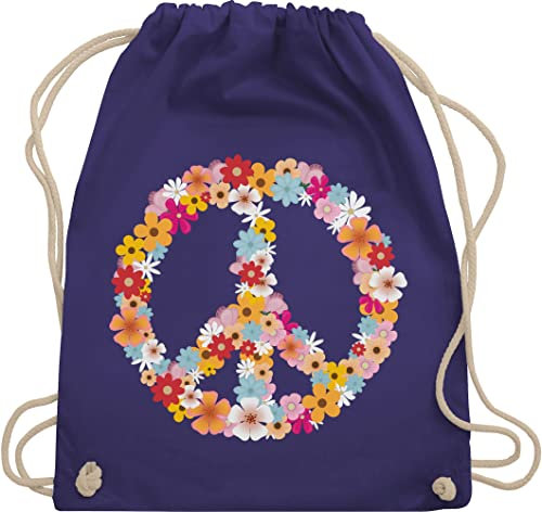 Turnbeutel Rucksack - Sprüche Statement - Peace Flower Power Hippie Peace Zeichen I Friedenszeichen I 90er I 70er - Unisize - Lila - festival turnsack mit aufschrift 90s beutel sportbeutel retro