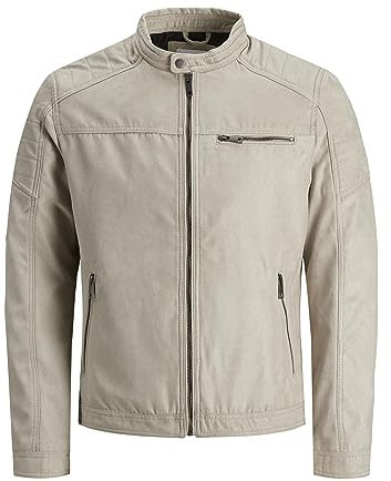 JACK & JONES Herren Kunstleder Jacke | Biker Blouson Bomberjacke JJEROCKY | Design Coat Übergangsjacke, Farben:Beige, Größe Jacken:XS