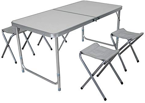 INDA-Exclusiv 5-teiliges Campingmöbel Set Aluminium Campingtisch mit Tragegriff + 4 Klapphocker L120xB60xH70cm