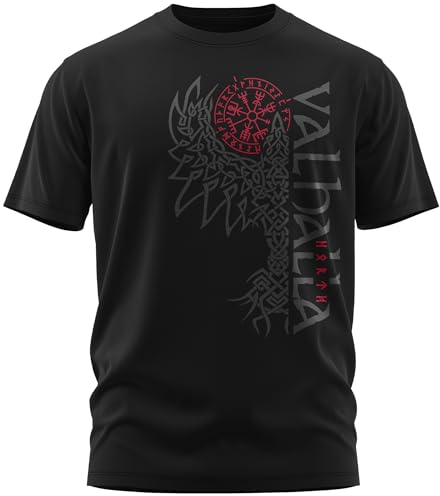 NØRTH Legendary Herren T-Shirt - Valhalla Odin Rabe Hugin Munin Brust Aufdruck, nordische Wikinger Walhalla Geschenke für Männer, Odin Thor Valhalla Viking Shirt, Größe:S, Farbe:Blutrot