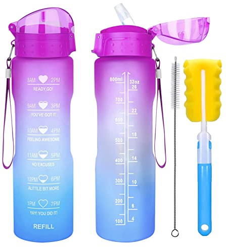 XACIOA Bouteille d'eau, Gourde Sport 1L avec Marqueur de Temps de Motivation, sans BPA, Étanche & Réutilisable,avec brosse en paille