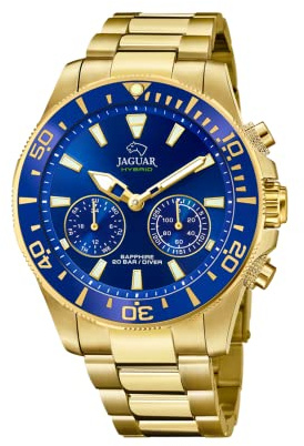 JAGUAR Uhr Smart Herren Hybrid aus Edelstahl 316L Goldfarben | Connected, Wasserdicht 20 ATM, J899/2, Musiksteuerung, Schrittzähler, Anruf-Info & -Ablehnung, Blaues Zifferblatt