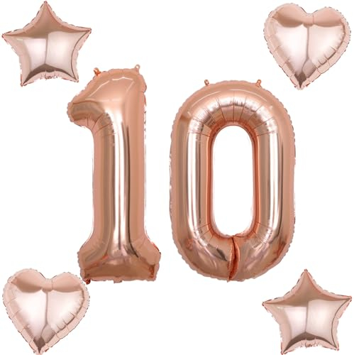 2 Luftballons Zahl 10 rosegold+4 pcs herz/stern Folienballon 10 .Geburtstag Deko mädchen rosegold ,40 Luftballons 10 .geburtstagsdeko mädchen 10 jahre,ballon 10. geburtstag deko (rosegold 10)