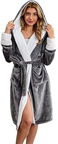 CMTOP Accappatoio Donna Adulti Uomo Vestaglia Invernale con Cappuccio Super Soft Fleece Accappatoio Felpa con Cappuccio Loungewear e Abbigliamento da Notte