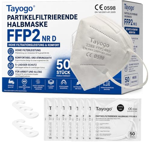 Tayogo FFP2 Masken 50 Stück Weiß/Schwarz CE 0598, FFP2 Maske 5-lagig, Atemschutzmaske bis zu 99,5% Filterleistung, hautfreundlich, geruchslos, einzeln verpackt + Ohrenschoner