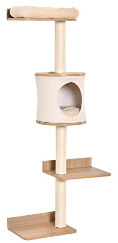 PawHut Árbol para Gatos de Pared 38x30x149 cm con Múltiples Plataformas de Madera Cueva Cama Superior Cojín Extraíble Postes Rascadores de Sisal Torre para Escalar Beige y Roble