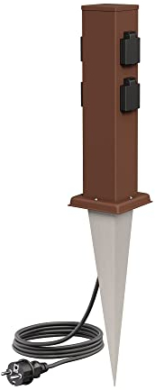 ledscom.de Garten-Steckdosen-Säule Polly mit Erdspieß und 2m Kabel für außen, IP44, 4-Fach, braun, eckig, 40cm