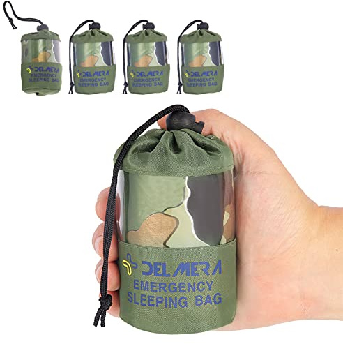 Delmera Notfall-Schlafsack, leicht, Überlebens-Schlafsäcke, wasserdichte Thermo-Notfalldecke, Biwy-Sack für Outdoor-Abenteuer, Camping, Wandern, Tarnung (Camouflage – 4 Pack)