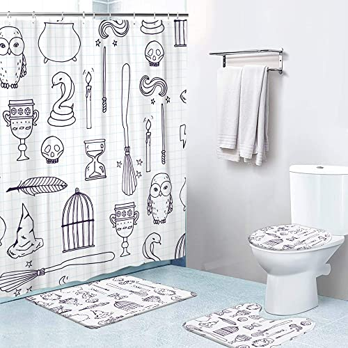 LOKMU Lot de 4 rideaux de douche avec tapis antidérapants, housse de couvercle de toilette et tapis de bain, cage à oiseaux magique, livres magiques, chouette, balai, rideau de douche imperméable avec