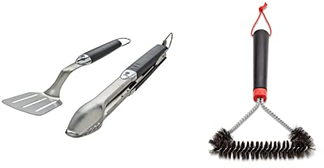 Weber 6645, black Premium Tool Set, Compact size, 2 pcs, stainless steel, 46.0 cm*46.0 cm*5.0 cm & 6277 30 cm Three-Sided Grill Brush, Black/Silver