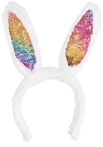 Boland 44719 - Tiara Regenbogen Hase mit Glitzer und Plüsch, Haarreif für Erwachsene, Hasenohren für den Kopf, Kaninchen Kostüm