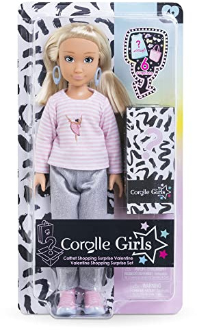 Corolle Girls Valentine Shopping Surprise, Ankleidepuppe mit Ohrringen und 6 Überraschungen, Vanilleduft, 28cm, ab 4 Jahre