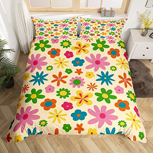 Girls Retro Boho Floral Bedding Set Super King Vintage 60S 70S Flowers Hippie Comforter Cover Cute Groovy Flowers Power Duvet Cover Colorful Quilt Cover With 2 Pillow Cases Groovy Bedroom Decor
