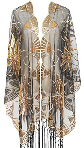 keland Damen Pailletten Schaltuch Stola Schal Tuch Schultertuch Umhängetuch Pashminas für Abendkleid (B-Gold & Schwarz)