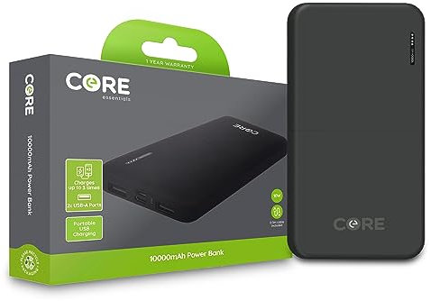 Core Essentials | Power Bank 10000mAh Portable Mobile Phone Charger | PD 5V 2 x USB Port | Includes 1 Micro USB Cable | Battery Pack Arrives Fully Charged | 2 Full Charge Capacity | Travel Essential