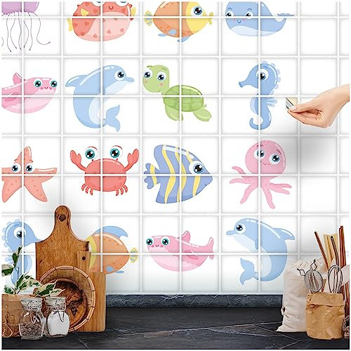 FoLIESEN Küchenrückwand Wand Deko - Fliesenaufkleber für moderne Küche - selbstklebend & wasserfest - Bild-Motive Fische und ihre Freunde, 10x10 cm / 64-tlg. Set