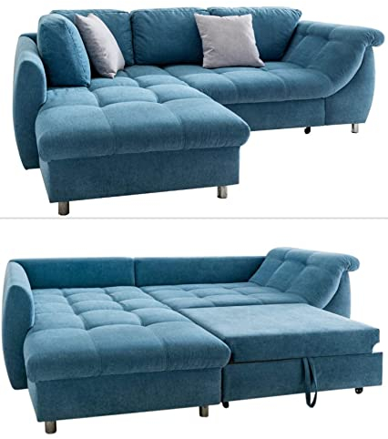 Modernes Ecksofa mit Schlaffunktion 250x190 cm, Wellenunterfederung mit Komfortschaum, L-Couch, Longchair Ottomane links, Bezug Mikrofaser Blau, 2 Zierkissen Grau / 17108