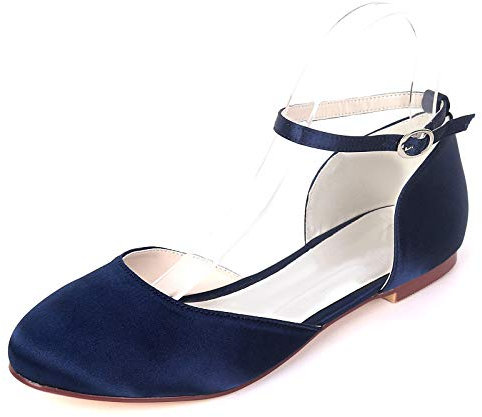 WeFloHsL Women Ankle Strap Ballet Pumps Round Closed Toe Satin Flat Prom Wedding Bridal Shoes 9872-14A,Navy,11 UK