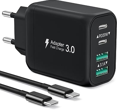 Cargador USB C, Avatcen 40W 4Port QC+PD3.0 USB Fast Charger con USB C Charging Cable 2M, Multiple Fast Charger Plug for iPhone 15/15Pro/15 Pro Max/15 Plus/14, Watch Series, Samsung Galaxy Phone/Tablet
