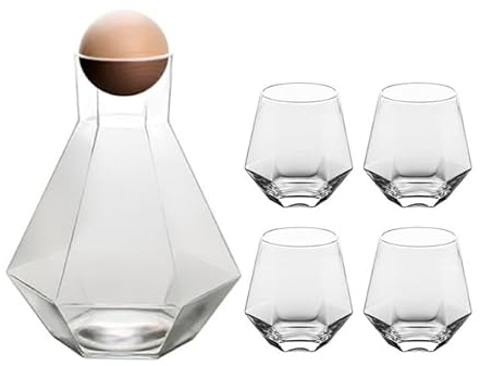Karaffe 1 Set Luxus-Wasserkocher aus rautenförmigem Glas mit Kugeldeckel aus Naturholz, durchsichtiger Krug for kaltes Wasser, Saft-Getränkekrug, Heimgetränk Getränkekanne (Color : Transparent Set)