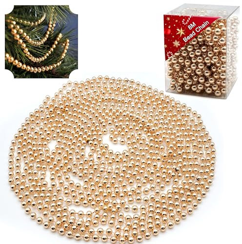 Perles de sapin de Noël, chaîne de perles or rose de 8 m, guirlande de perles de Noël à suspendre, fournitures de fête à la maison, ravissantes décorations de vacances d'intérieur et d'extérieur