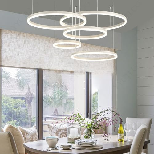 YYUTLUO Moderner DIY-Kreis-LED-Kronleuchter | 5 Weiß Goldringe:20+40+60+80+100cm=130W |LED-Pendelleuchte aus Metall+Acryl 2,4 G Dimmbare Fernbedienung Runde Decken-Hängelampe Wohnzimmer Schlafzimmer