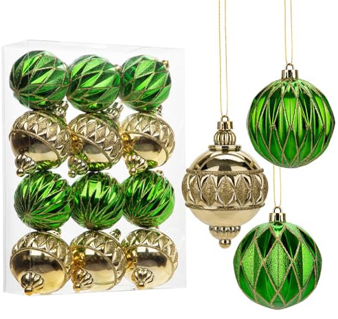 Hollyone Weihnachtskugeln Set 12 Stück Christbaumkugeln Grün Gold Weihnachtsbaumschmuck für Weihnachtsdeko Dekorative hängende Kugeln für Weihnachten Party Urlaub