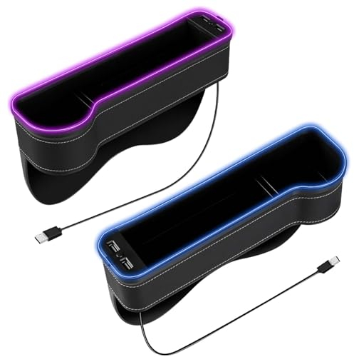 Colexy 2 Stück Auto Aufbewahrungsbox Mittelkonsole, Autositz Lückenfüller Organizer mit Getränkehalter, USB Anschluss und LED Licht, Leder Auto Organizer für Vordersitz Beifahrersitz