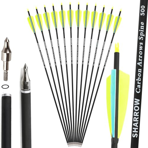 SHARROW 32 Zoll Carbon Pfeile für Bogenschießen Spine 500 Kohlenstoffpfeil Jagd Bogen Pfeile Jagdpfeile mit 4 Zoll Natürliche Federn für Pfeil Und Bogen Recurvebogen Compoundbogen (Gelb, 12P)