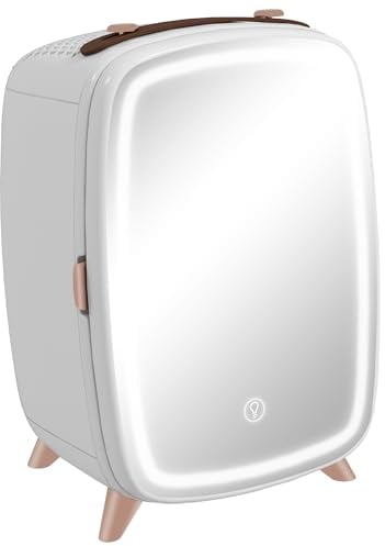 HOMCOM Nevera para Cosméticos 6L Nevera Pequeña 9V para Enfriar con Puerta con Espejo y Luces LED Ajustable en 3 Niveles Mini Frigorífico para Belleza Maquillaje Bebidas 24,3x19,4x35,6 cm Blanco