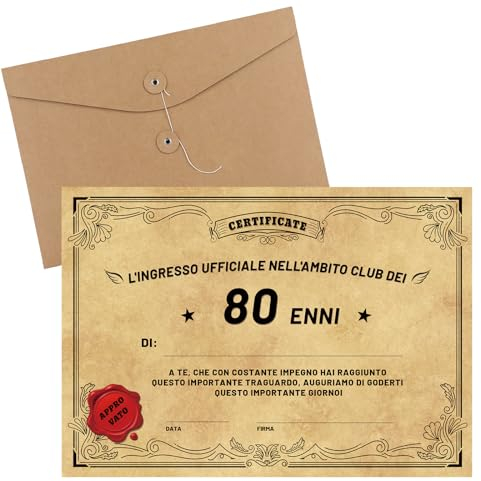 LIAMERHE Biglietto Auguri Anniversario Certificato 80 Anni Idea Regalo Compleanno Originale ENNE Attestato Diploma Anni di Compleanno Gadget Scherzi Biglietti Divertenti Auguri Compleanno