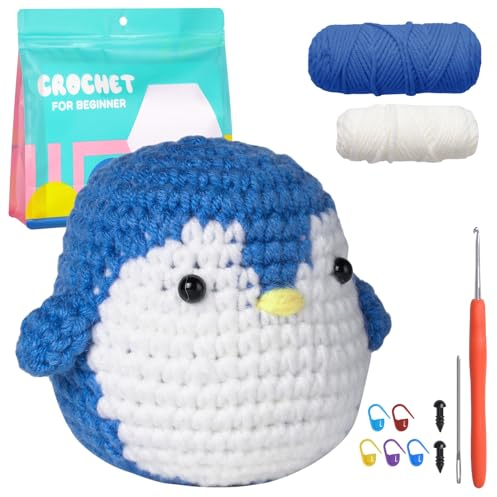 MJARTORIA Strickset Häkelset für Anfänger Tiere, Häckeln Stricken für Anfänger Set mit Anleitung Häkelnadeln Garn, Kreativ Strickset Bastelset Erwachsene Kinder Geschenk (Blau Pinguin)