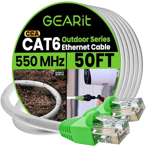 GEARit Cat6 Outdoor Ethernet Cable (50 Feet) CCA Copper Clad, Waterproof, Direct Burial, In-Ground, UV Jacket, POE, Network, Internet, Cat 6, Cat6 Cable - 50ft
