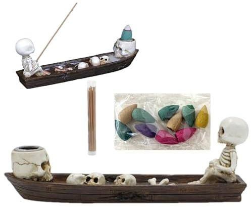 Portaincenso con teschio, Portaincenso con bastoncino con teschio - Supporto per bruciatore per barca con teschio in resina | Porta incenso decorativo per bruciatore di incenso per studi di