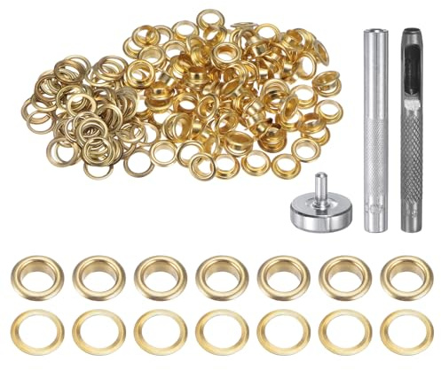QUARKZMAN Grommet Werkzeug Kit, 100 Pcs 6mm Ösen mit 2 Ösenzange & 1 Scheiben Set, Metallösen Kupfer Tülle Stanzwerkzeug für Stoff Planen Leder Gewebe Vorhang Poolabdeckung, Gold