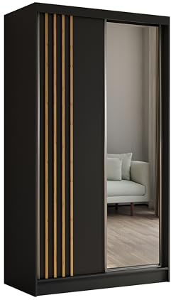Margaret Hadas24 Kleiderschrank mit Lamellen und Spiegel, Organizer, Mehrzweckschrank, Schwebetürenschrank, Garderobenschrank, Kleiderstange, Kleiderständer, Flurschrank, 120 cm, schwarz,braun