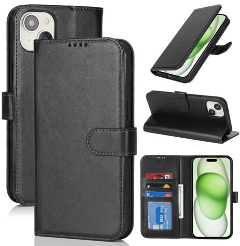 Zouzt Hülle für iPhone 15 6,1-Zoll, Stoßfestes PU Leder Handyhülle Lederhülle Klapphülle mit Kartenhalter und Standfunktion Flip Leather Wallet Phone Cover (Schwarz)