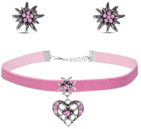 IKOPFLN 3 Stück Trachtenschmuck Set Bayerisch Dirndlschmuck Trachtenkette mit Strass Edelweiß Herz Anhänger und Edelweiß Ohrstecker für trachtenbluse damen oktoberfest damen outfit（Rosa）