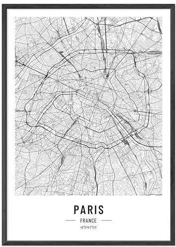 JUNOMI® Paris Poster 50x70 cm mit Rahmen Schwarz, Wohnzimmer Deko, Modernes Wandbild, Paris Bild, Wandbild mit Rahmen, Stadtplan Poster Paris