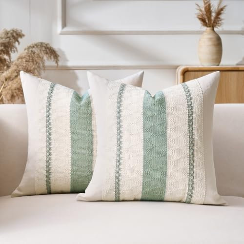 Aisybaklyn Kissenbezug 50x50 2er Set Boho Deko Kissenbezüge Baumwolle und Leinen Dekokissen Sofakissen Dekorative Kissenhülle Frühling Modern Salbeigrün Bauernhaus Gewebt Strukturiert Zierkissenbezug